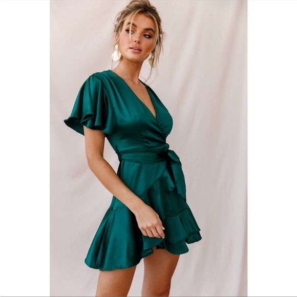 Saints + Secrets Emerald Sateen Silky Green Dress Jade Ruffle Wrap Flowy - Picture 1 of 10